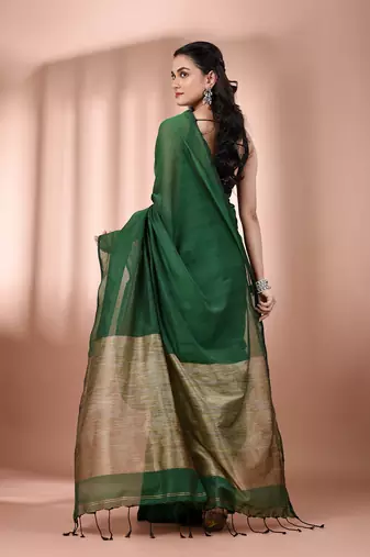 Green cotton soft saree with contrast beige pallu