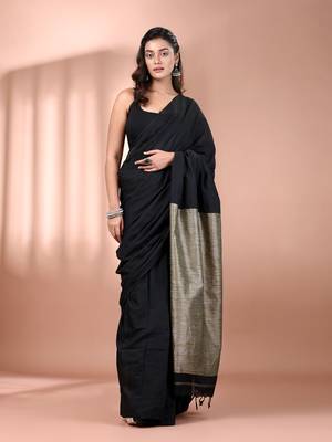 Black cotton soft saree with contrast beige pallu 1