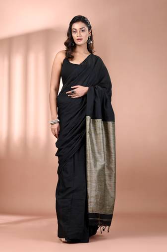 Black cotton soft saree with contrast beige pallu