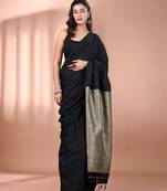 Black cotton soft saree with contrast beige pallu