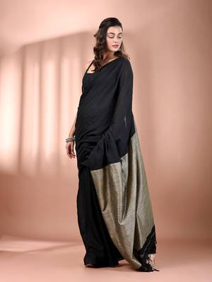 Black cotton soft saree with contrast beige pallu 2