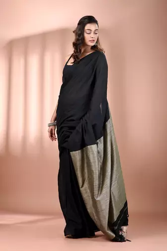 Black cotton soft saree with contrast beige pallu