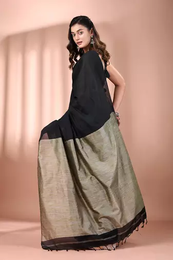 Black cotton soft saree with contrast beige pallu