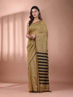 Beige cotton soft saree with stripes pallu 1
