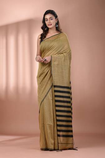 Beige cotton soft saree with stripes pallu