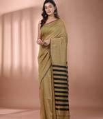 Beige cotton soft saree with stripes pallu