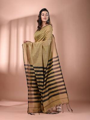 Beige cotton soft saree with stripes pallu 2
