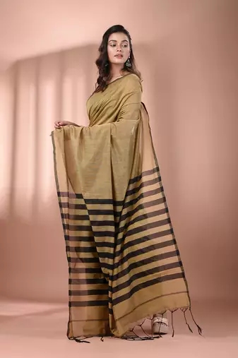 Beige cotton soft saree with stripes pallu