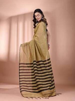 Beige cotton soft saree with stripes pallu 3