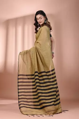 Beige cotton soft saree with stripes pallu