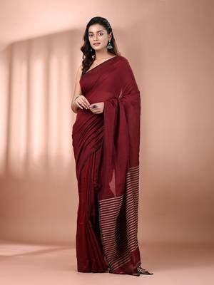 Dark red cotton soft saree with stripes pallu 1