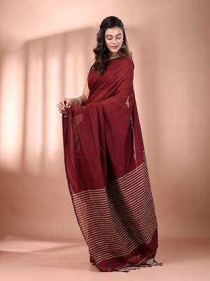 Dark red cotton soft saree with stripes pallu 2