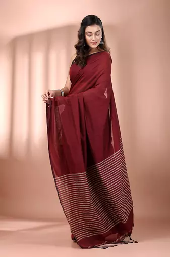 Dark red cotton soft saree with stripes pallu