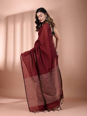 Dark red cotton soft saree with stripes pallu 3