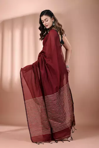 Dark red cotton soft saree with stripes pallu