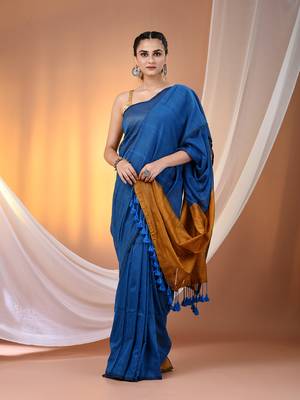 Yale blue cotton soft saree with contrast mustard pallu 1