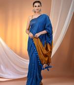 Yale blue cotton soft saree with contrast mustard pallu
