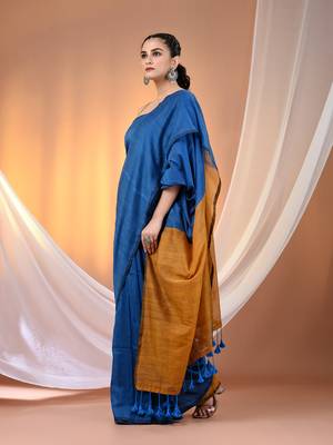 Yale blue cotton soft saree with contrast mustard pallu 2