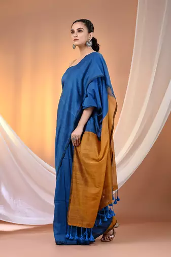 Yale blue cotton soft saree with contrast mustard pallu