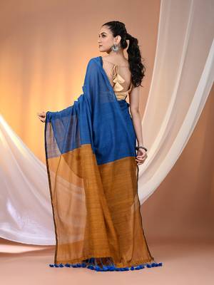 Yale blue cotton soft saree with contrast mustard pallu 3