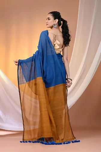 Yale blue cotton soft saree with contrast mustard pallu