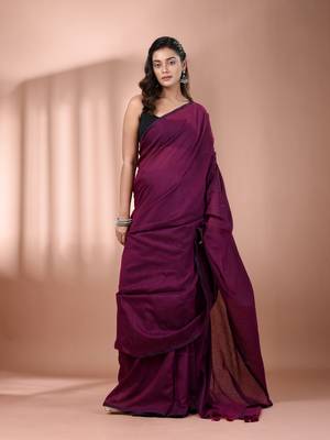 Magenta cotton handspun soft saree with pompom 1