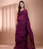 Magenta cotton handspun soft saree with pompom