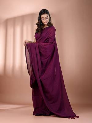 Magenta cotton handspun soft saree with pompom 2
