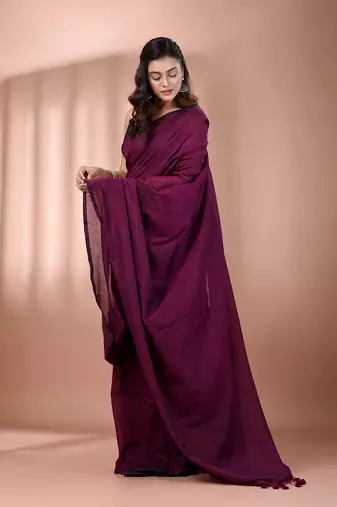 Magenta cotton handspun soft saree with pompom