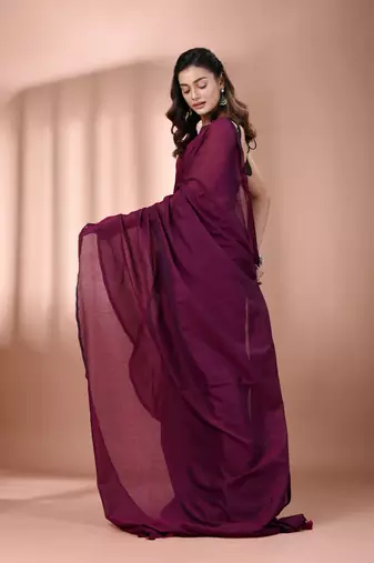 Magenta cotton handspun soft saree with pompom