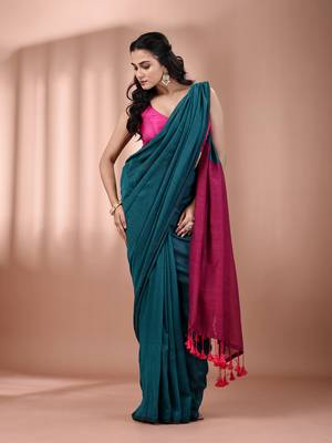 Teal cotton soft saree with contrast magenta pallu 1