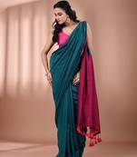 Teal cotton soft saree with contrast magenta pallu