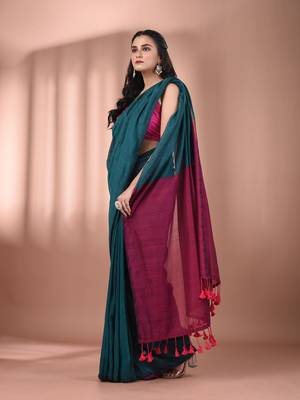 Teal cotton soft saree with contrast magenta pallu 2