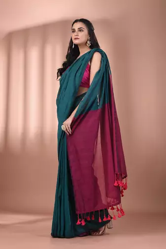 Teal cotton soft saree with contrast magenta pallu