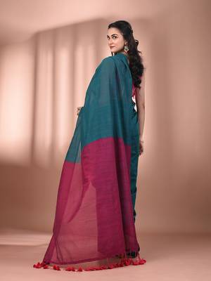 Teal cotton soft saree with contrast magenta pallu 3