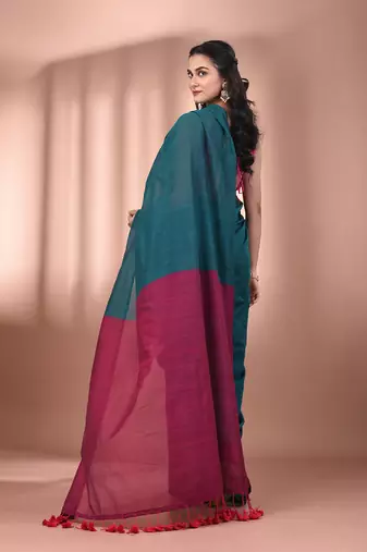 Teal cotton soft saree with contrast magenta pallu