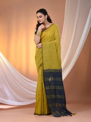 Corn yellow cotton soft saree with zari stripe pallu 1