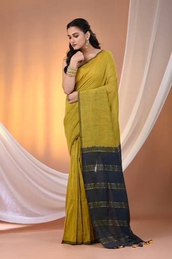 Corn yellow cotton soft saree with zari stripe pallu