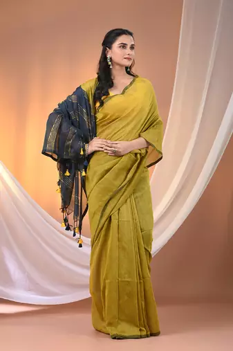 Corn yellow cotton soft saree with zari stripe pallu