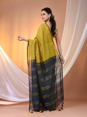 Corn yellow cotton soft saree with zari stripe pallu 3