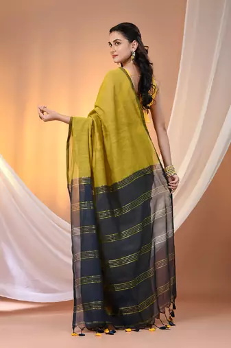 Corn yellow cotton soft saree with zari stripe pallu