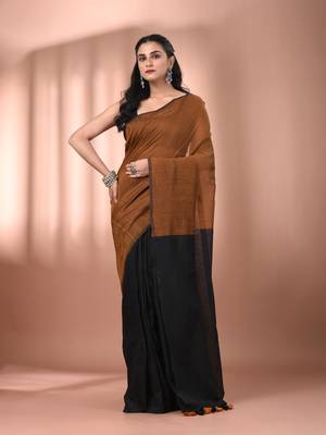 Mastard cotton soft saree with contrast black pallu 1