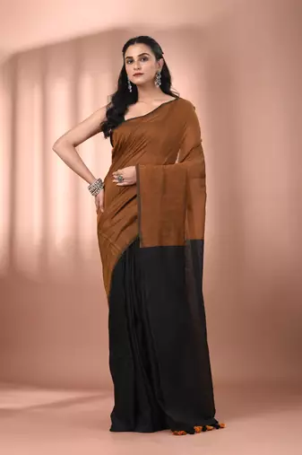 Mastard cotton soft saree with contrast black pallu
