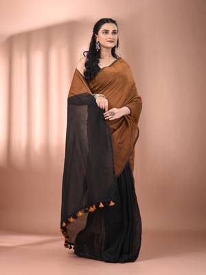 Mastard cotton soft saree with contrast black pallu 2