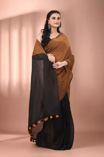 Mastard cotton soft saree with contrast black pallu