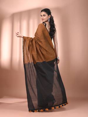 Mastard cotton soft saree with contrast black pallu 3