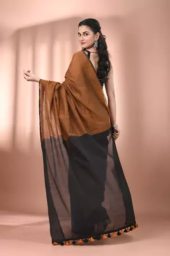 Mastard cotton soft saree with contrast black pallu