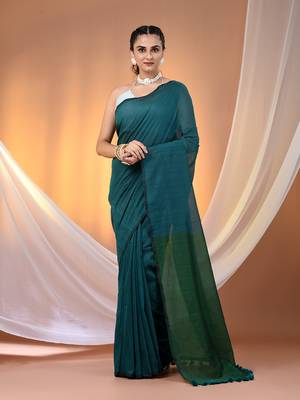 Teal cotton soft saree with contrast green pallu 1