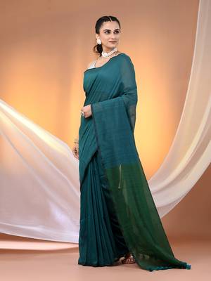 Teal cotton soft saree with contrast green pallu 2