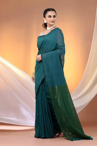 Teal cotton soft saree with contrast green pallu